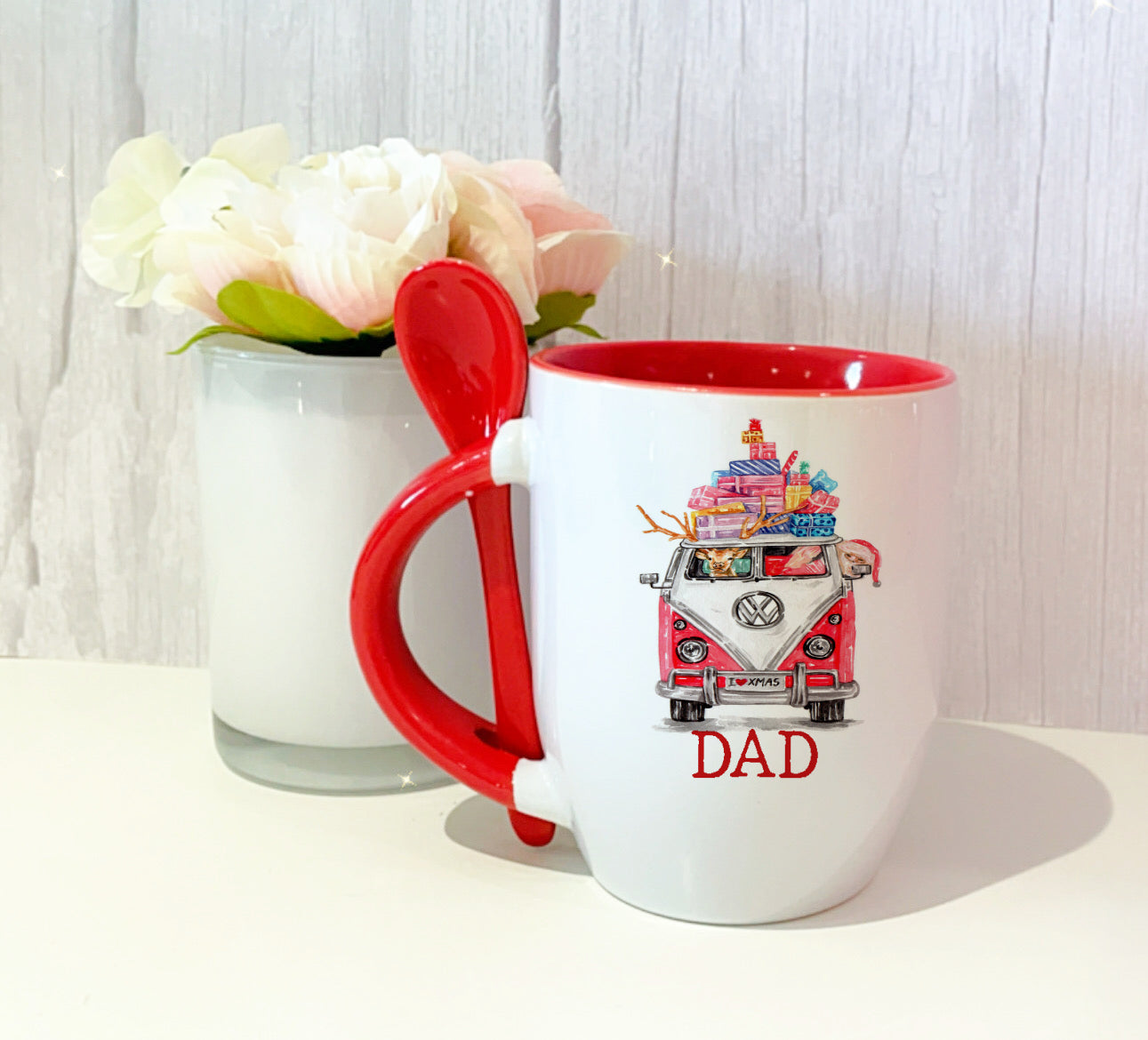 Red Mug and Spoon Set with Christmas Campervan Design image 0