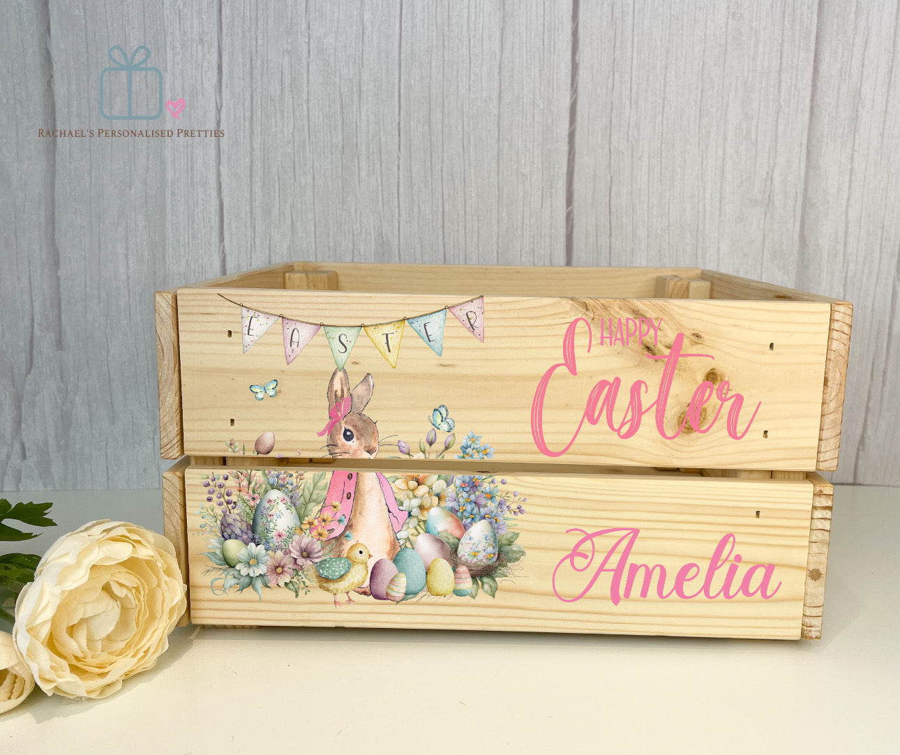 Pink Easter Bunny Wooden Easter Crate