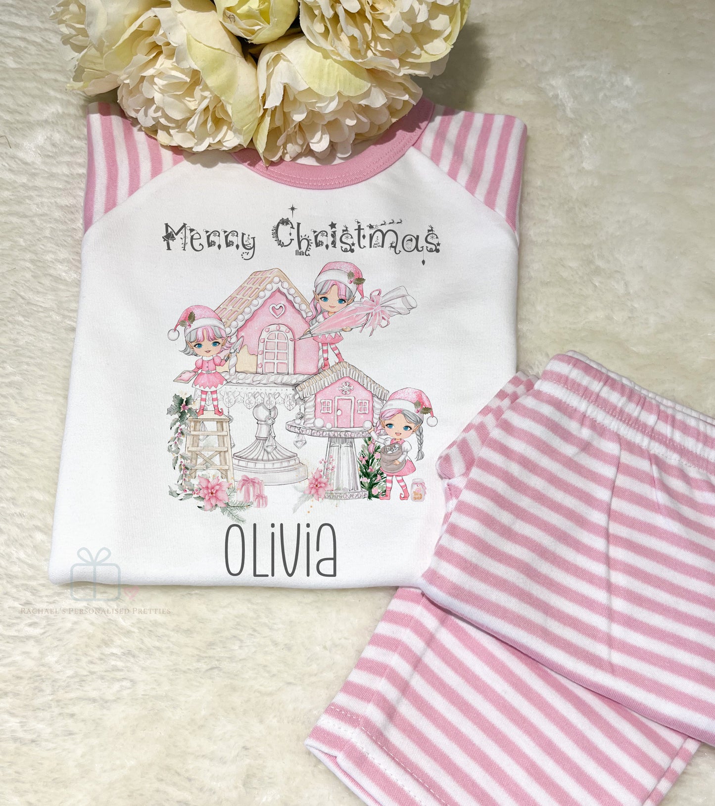 Personalised Pink Christmas Pyjamas 100% Cotton - Snowberry Ginger Bread House image 0