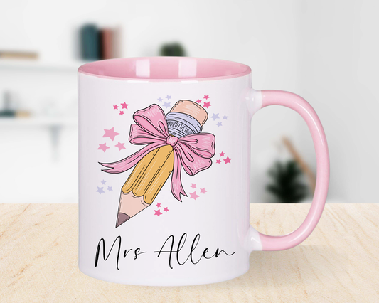 Personalised Pink Teacher Mug -Bow Pencil image 0