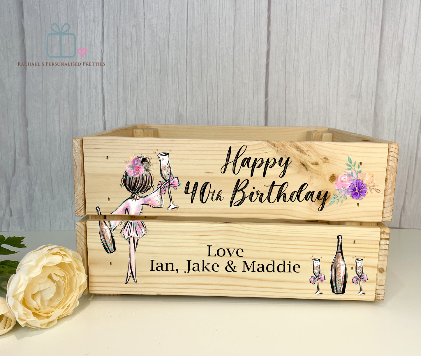 Wooden Champagne Girl Birthday Crate - Any Age image 1