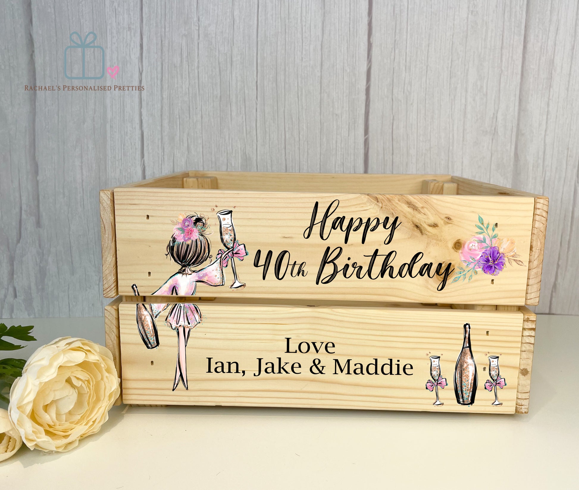 Wooden Champagne Girl Birthday Crate - Any Age image 1