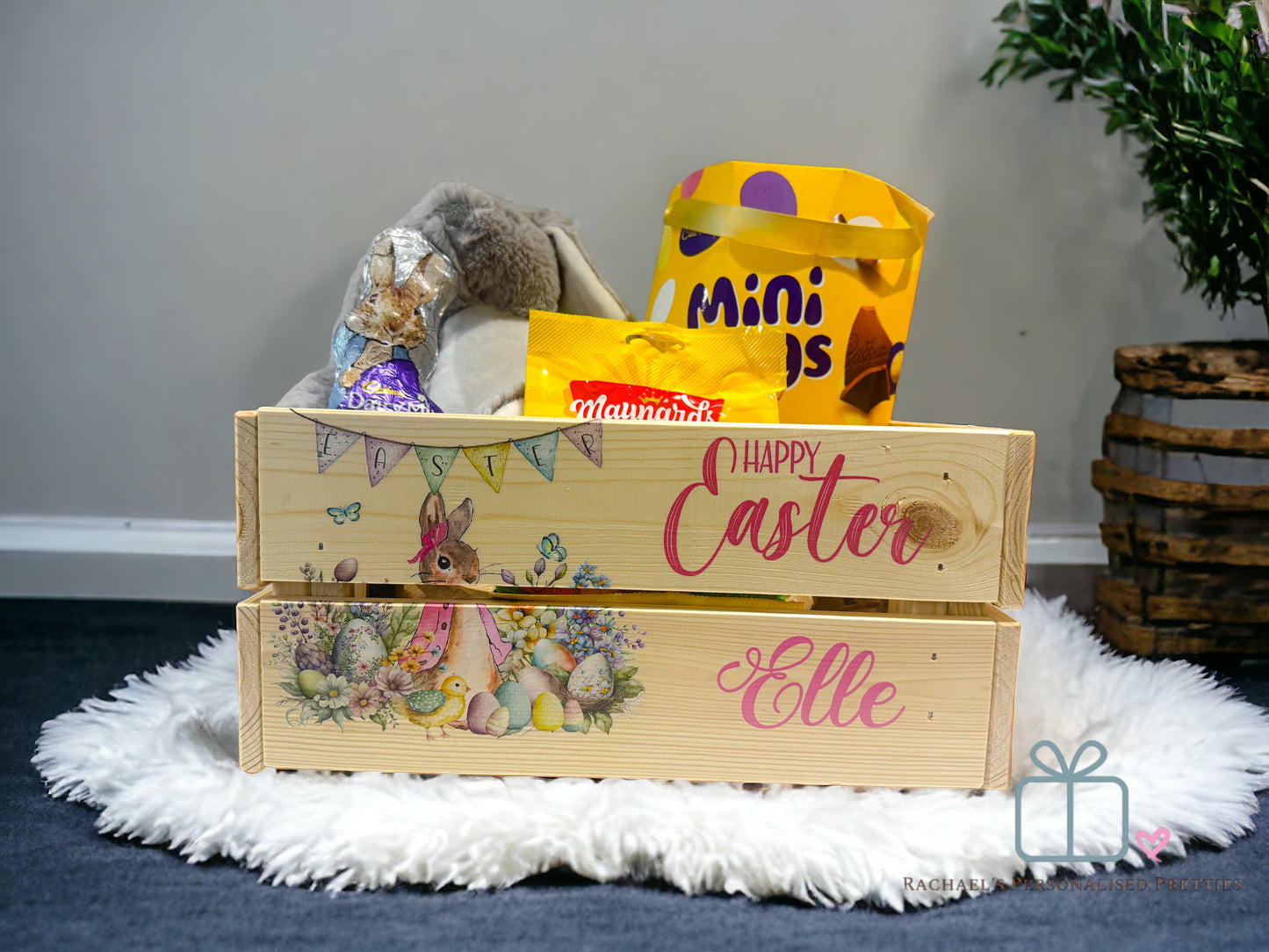 Pink Easter Bunny Wooden Easter Crate