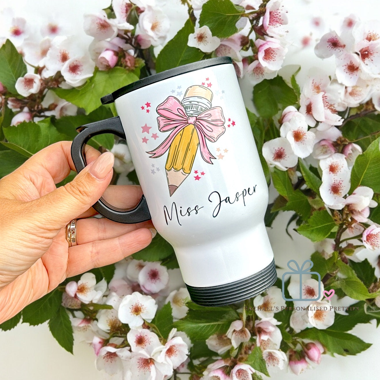 Personalised Teacher Travel Mug -Bow  Pencil Design image 0