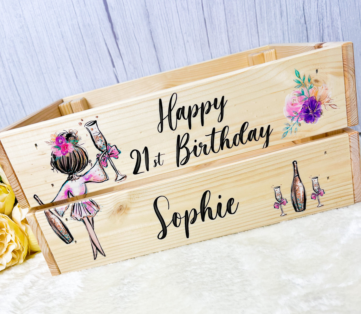 Wooden Champagne Girl Birthday Crate - Any Age image 0