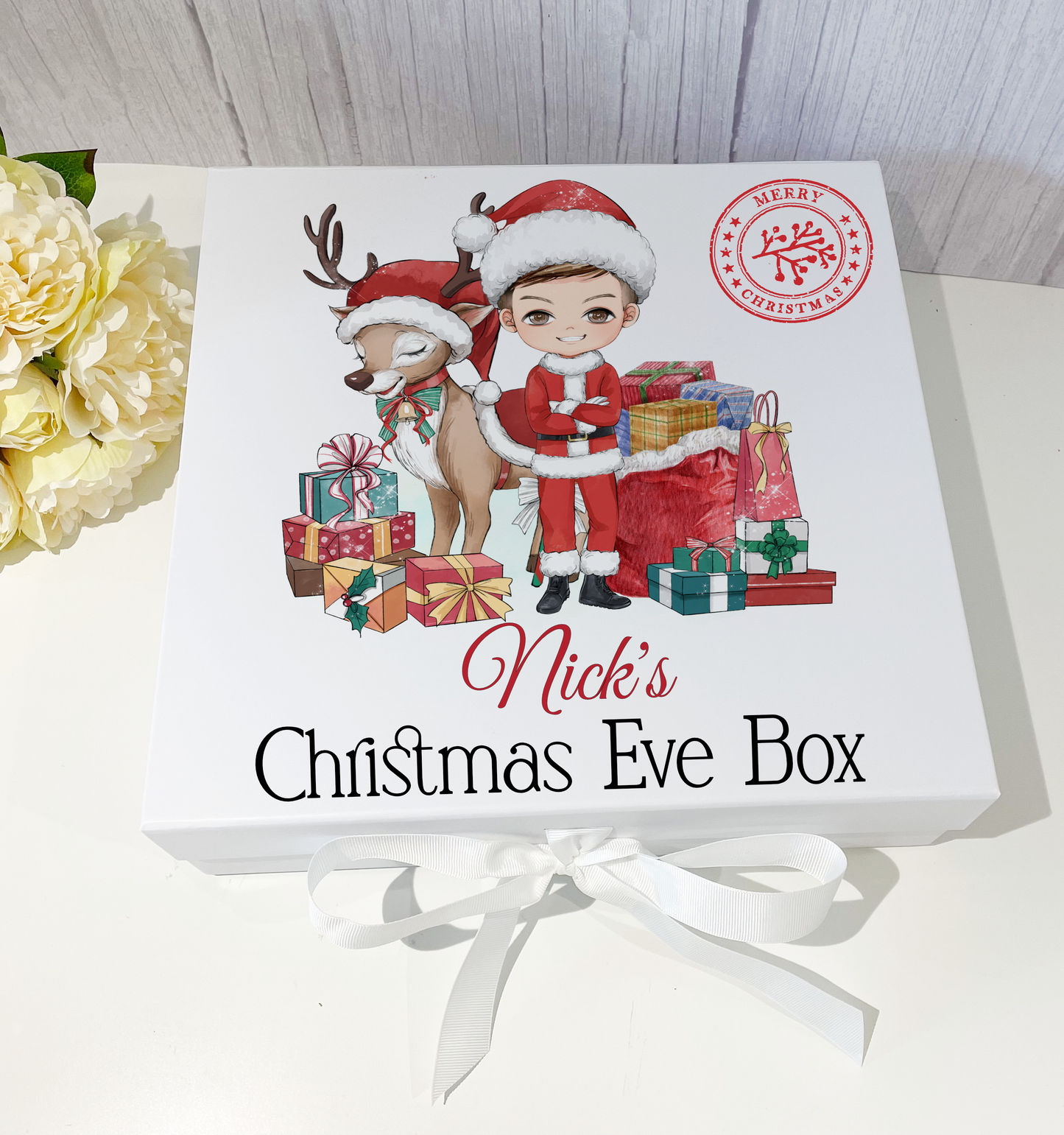 Reindeer Boy Christmas Eve Box with ribbon tie image 0