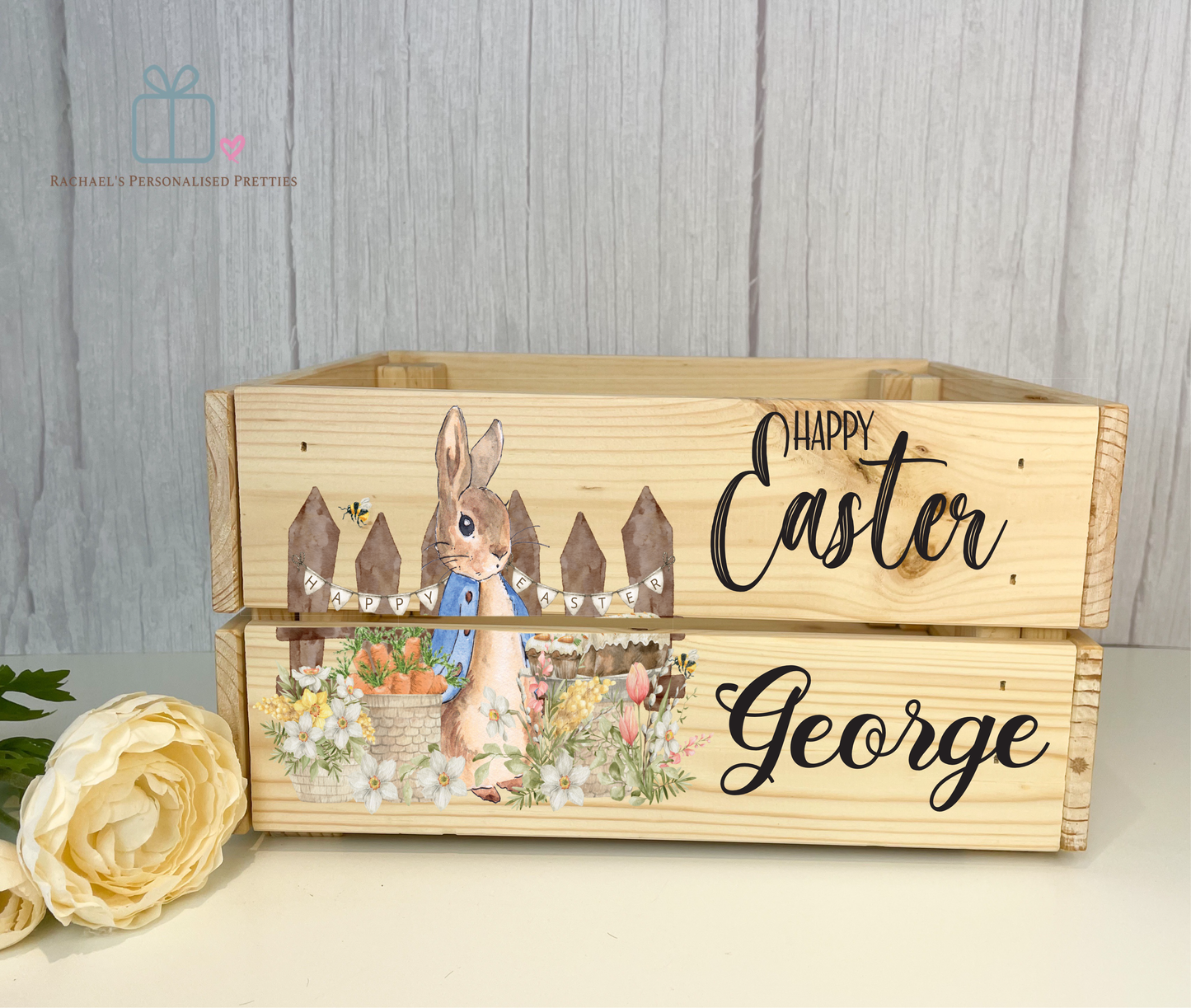 Blue Easter Bunny Wooden Easter Crate - Easter Scene image 0