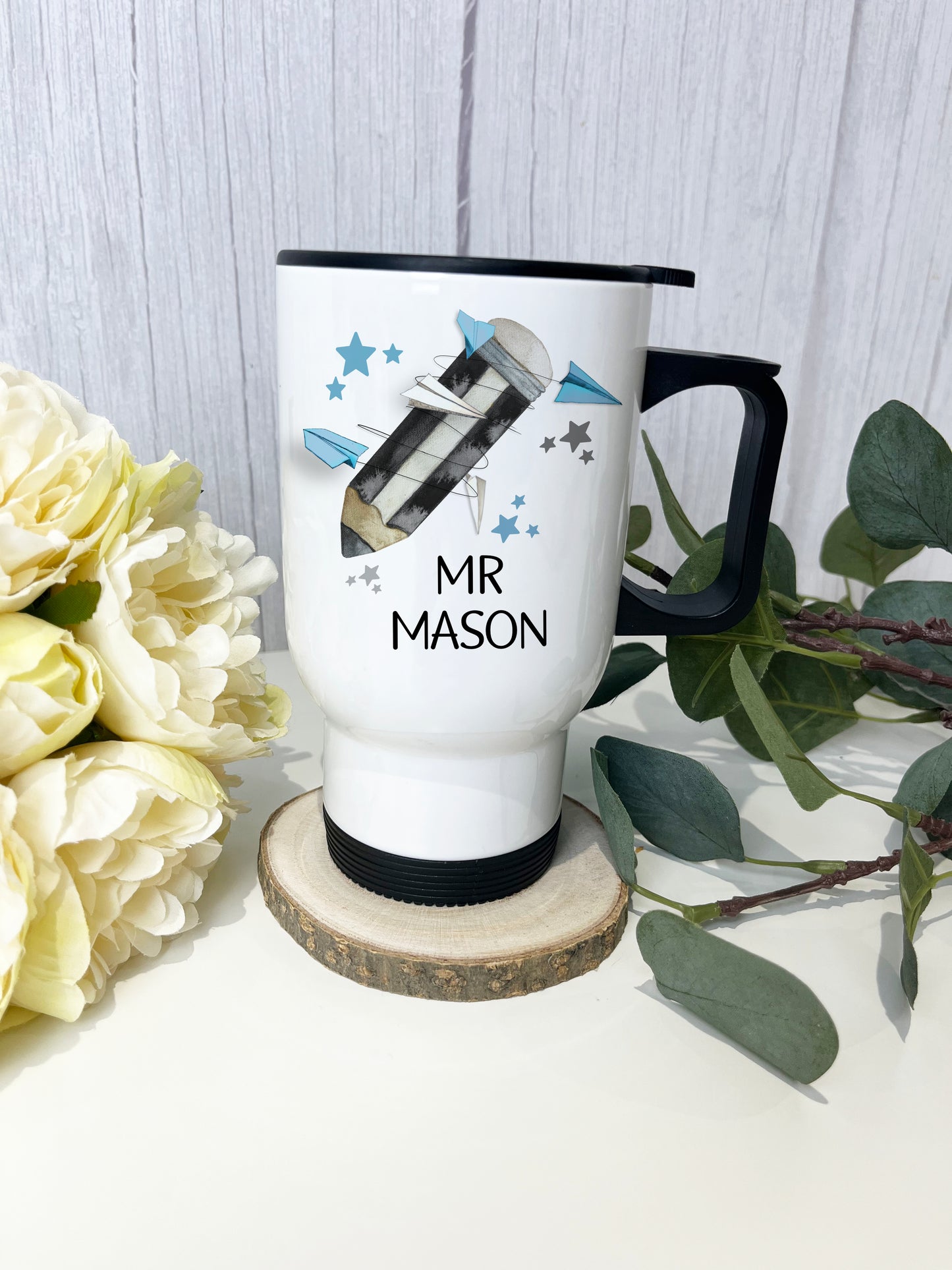 Personalised Travel Mug -Blue Pencil Design Teachers Gift image 0