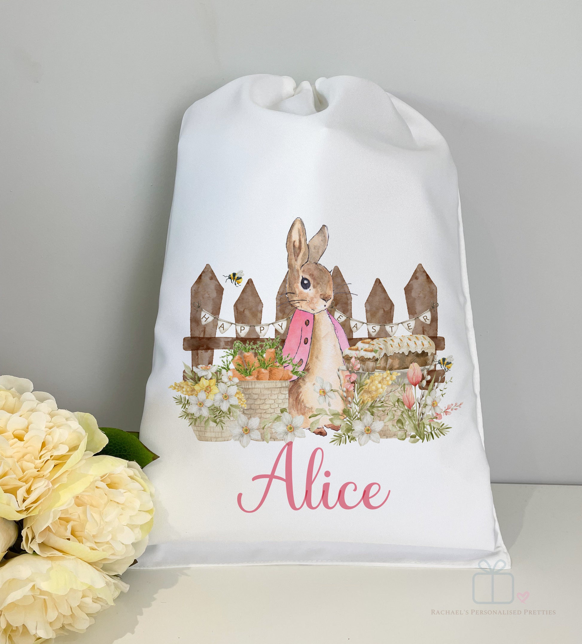 A3 Pink Flopsy Bunny Inspired Picket Fence Easter Sack image 0