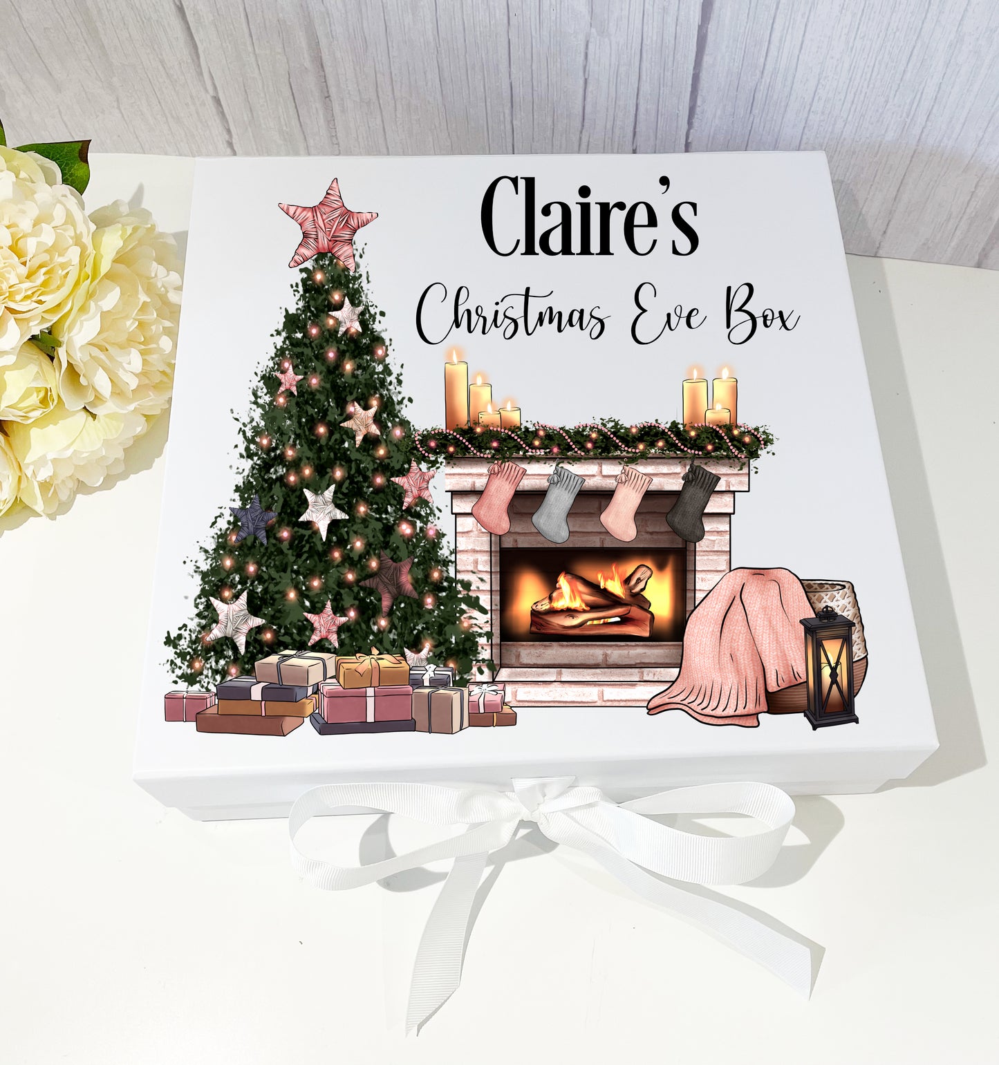 Cosy Fireplace Christmas Eve Box with ribbon tie image 0