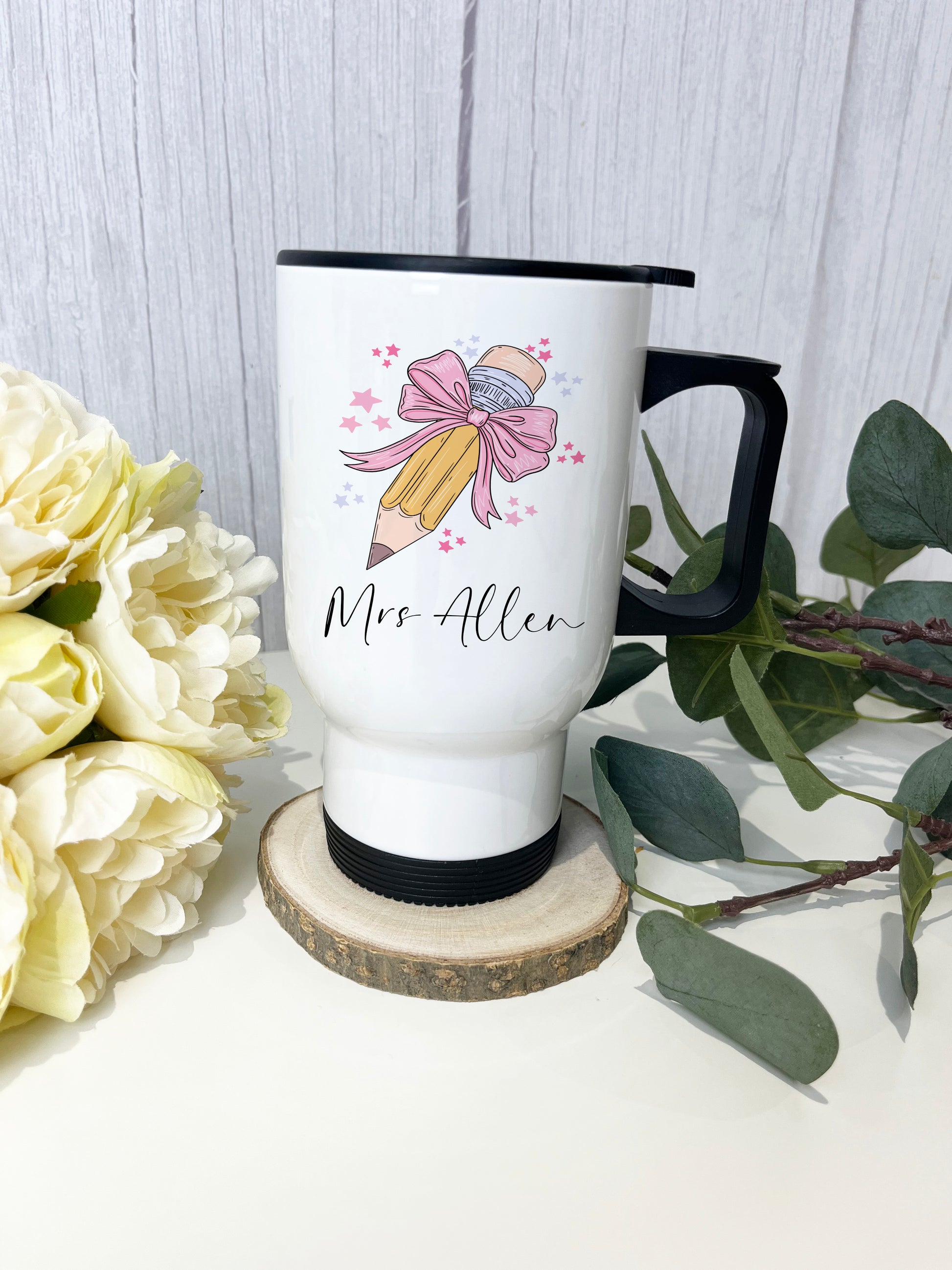 Personalised Teacher Travel Mug -Bow  Pencil Design image 1