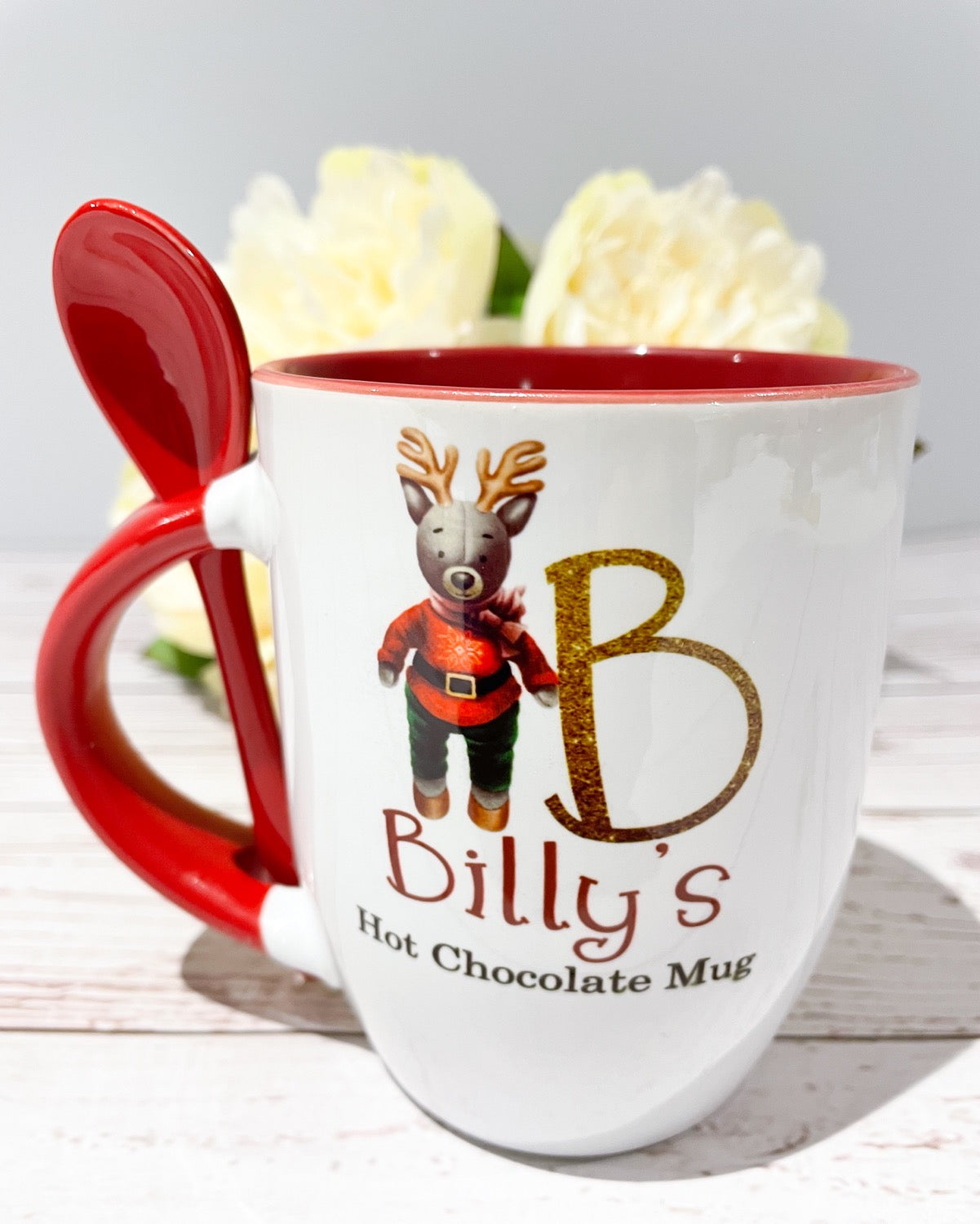 Christmas Vintage reindeer initial Mug & Spoon Set Girls & Boys Options image 1