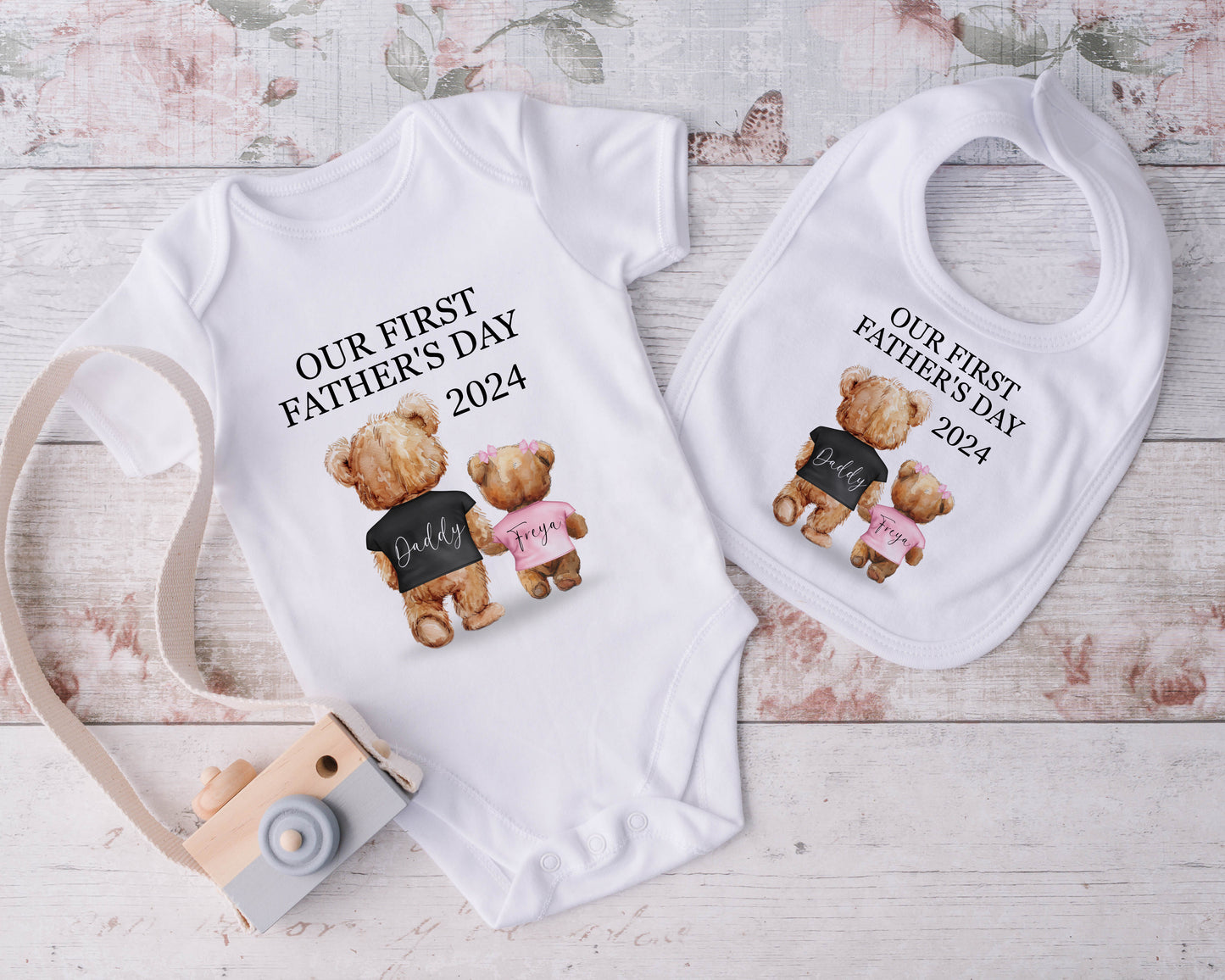 Our First Fathers Day Pink Bear Baby Grow, Bib or Sleepsuit image 0