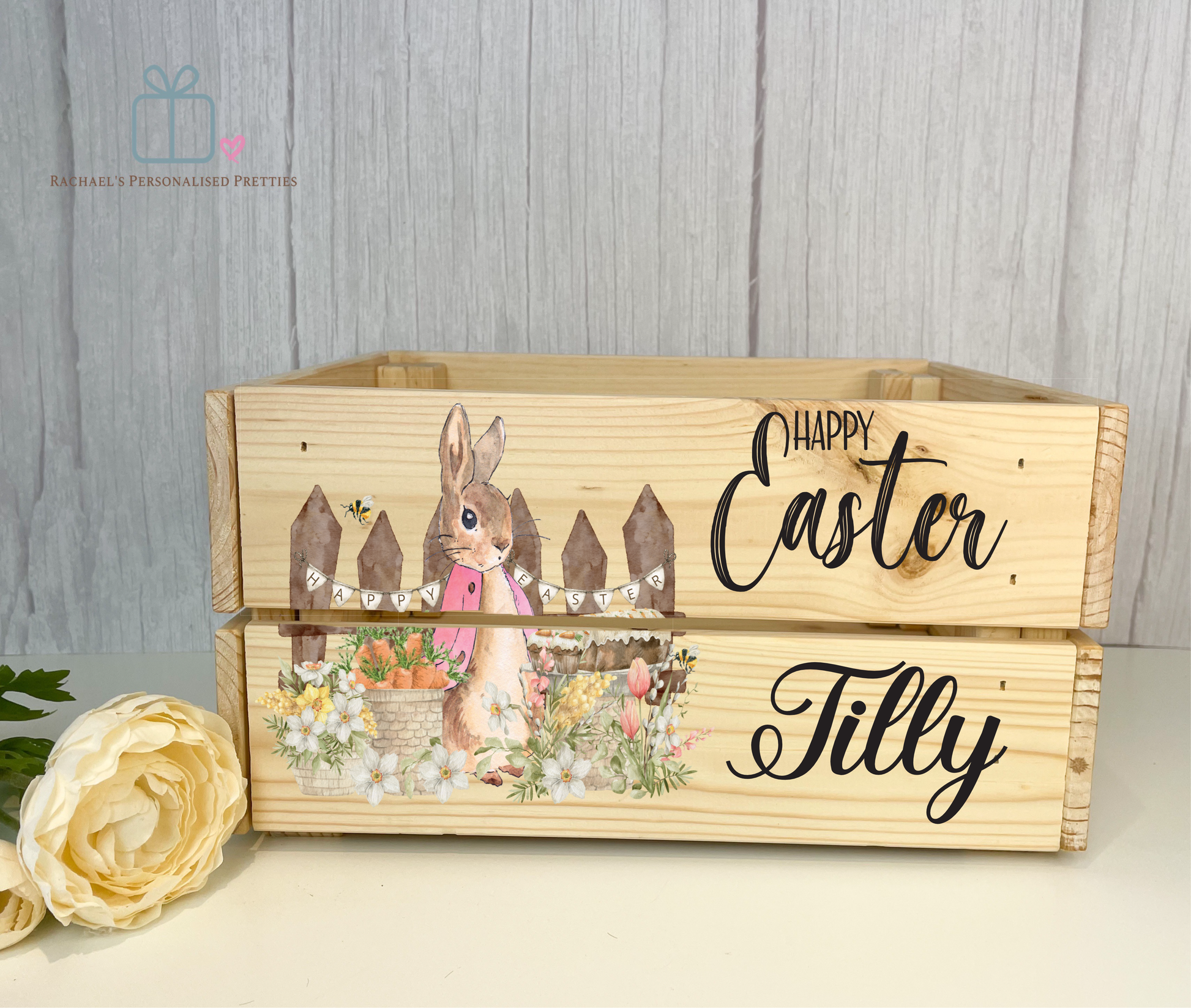 Pink Easter Bunny Wooden Easter Crate - Easter Scene image 0